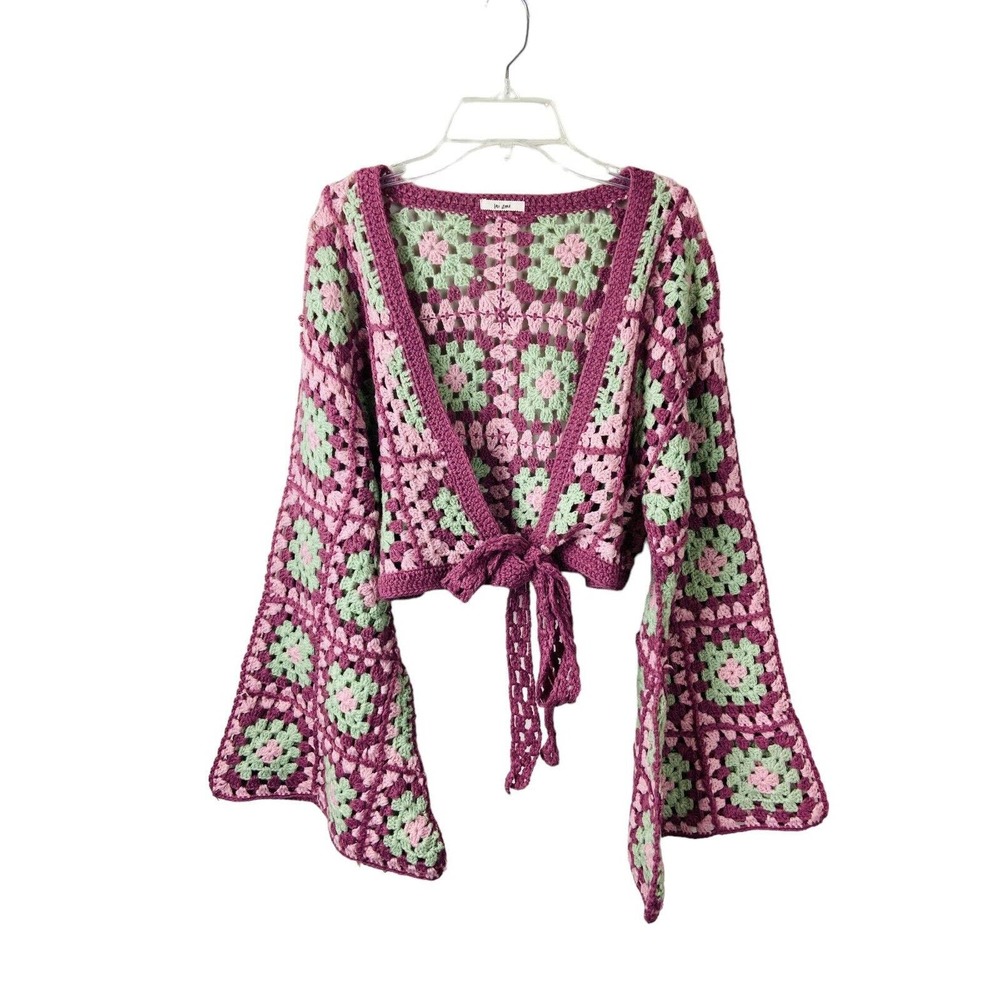 Pink and Green Crochet Tie-Front Sweater